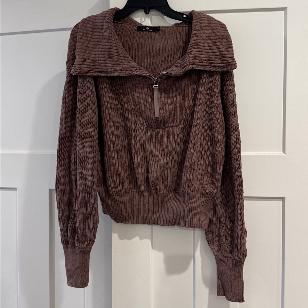 Amazon Lillusory Crew Neck Zip Up Sweater, 100% Cotton, Brown Nutmeg, Size Small - Picture 2 of 5